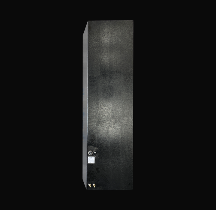 Vertical overhead view of a Sonic 31 replacement fuel tank featuring a professional black Coal Tar Epoxy finish. The image displays the precision placement of the fuel sending unit, manufacturing certification label, and dual 316 stainless steel fittings. Built from heavy-duty .190" marine-grade 5052-H32 aluminum, this tank is engineered to exact OEM specifications for a guaranteed 100% drop-in fit and superior corrosion protection in offshore saltwater environments.