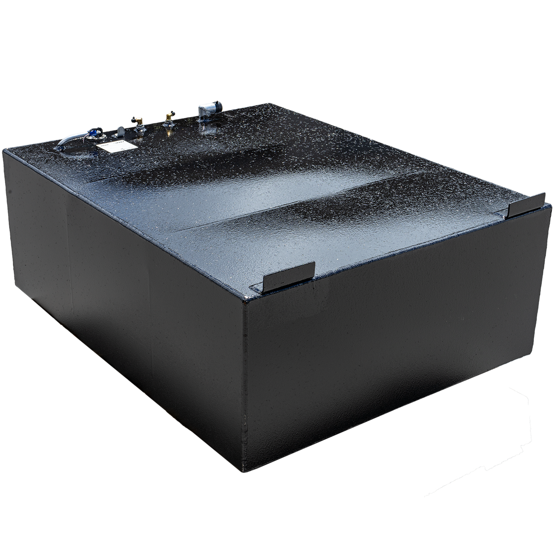 A black, rectangular fuel tank with a textured surface, featuring various fittings on its top, including what appears to be a hose connection, and two flat mounting brackets on opposite edges of the top surface. The bottom corners of the tank are slightly beveled