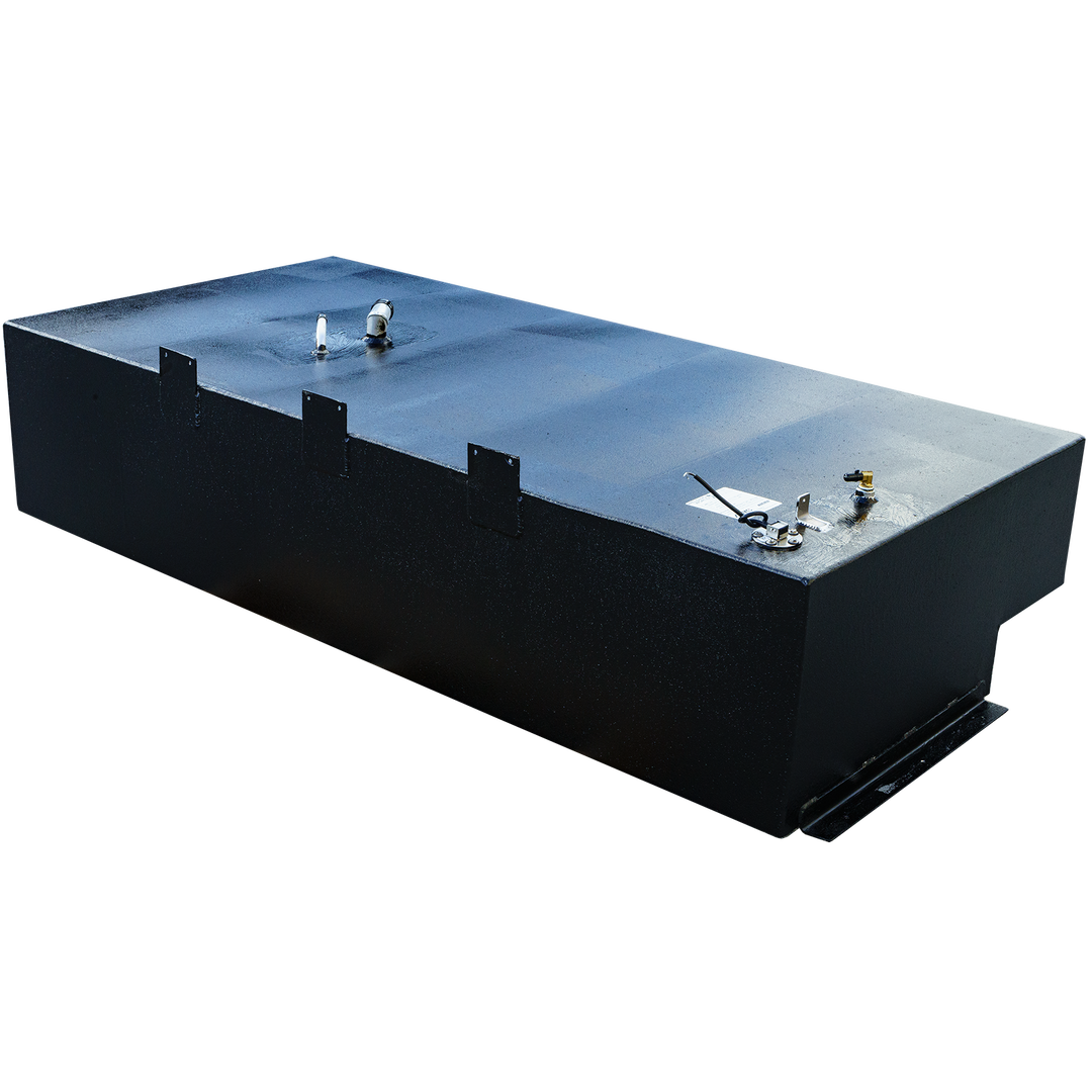 A rectangular black fuel tank with a textured top surface, a stepped bottom design, and several fittings and mounting brackets. The tank is positioned against a checkered background