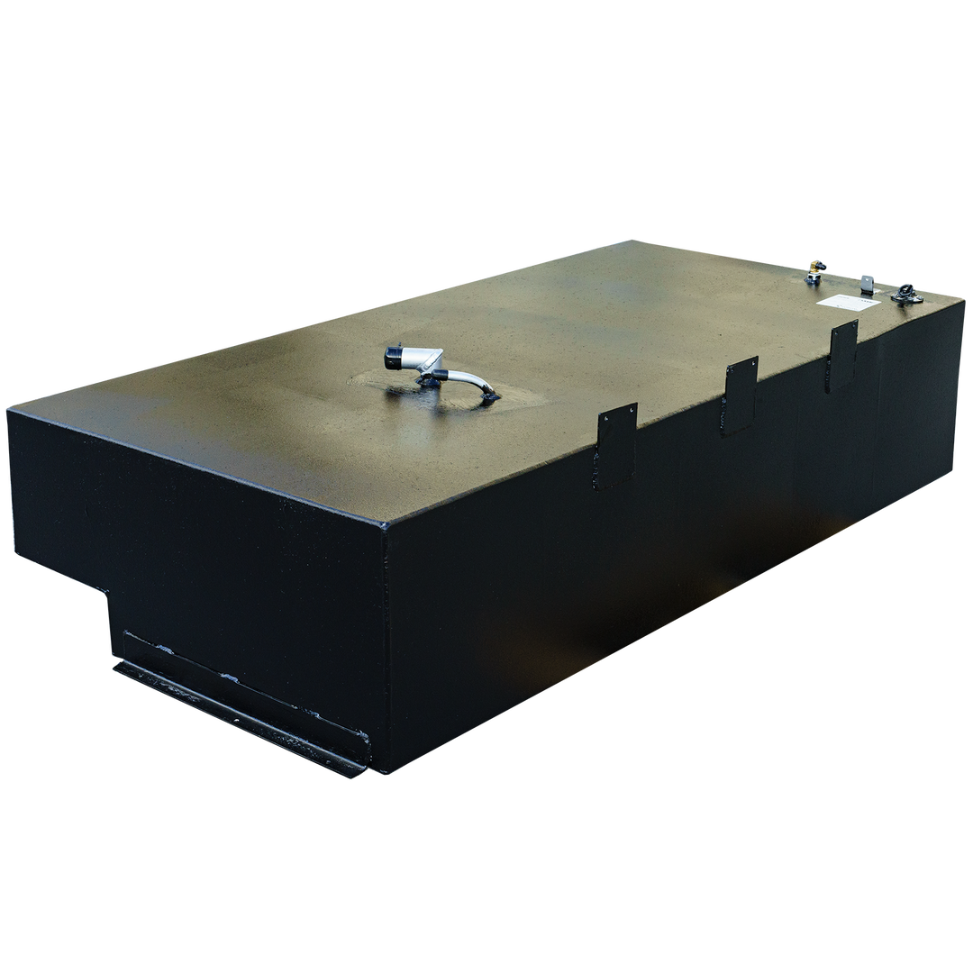 A rectangular black fuel tank with a textured surface, a stepped bottom on the left side, and various plumbing and electrical fittings on its top, against a checkered background