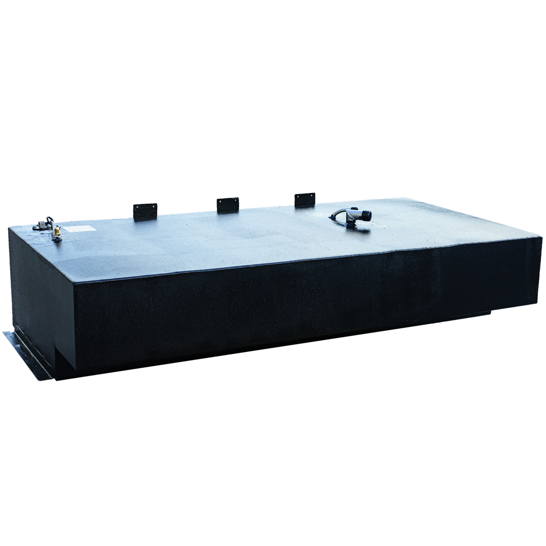 A rectangular black fuel tank with a textured surface, a stepped bottom on the right side, and various plumbing and electrical fittings on its top, against a checkered background