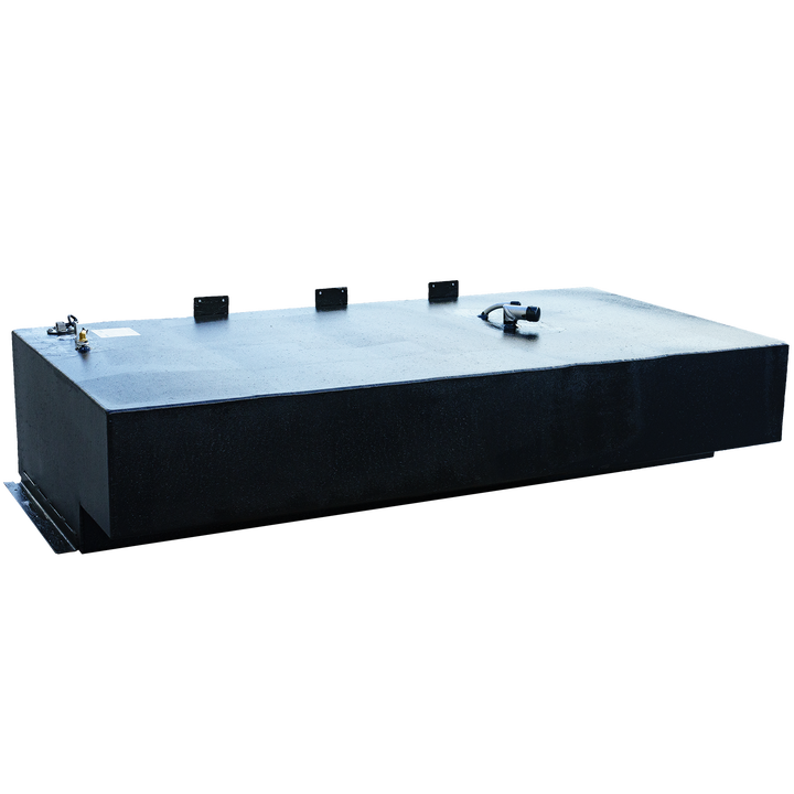 A rectangular black fuel tank with a textured surface, a stepped bottom on the right side, and various plumbing and electrical fittings on its top, against a checkered background