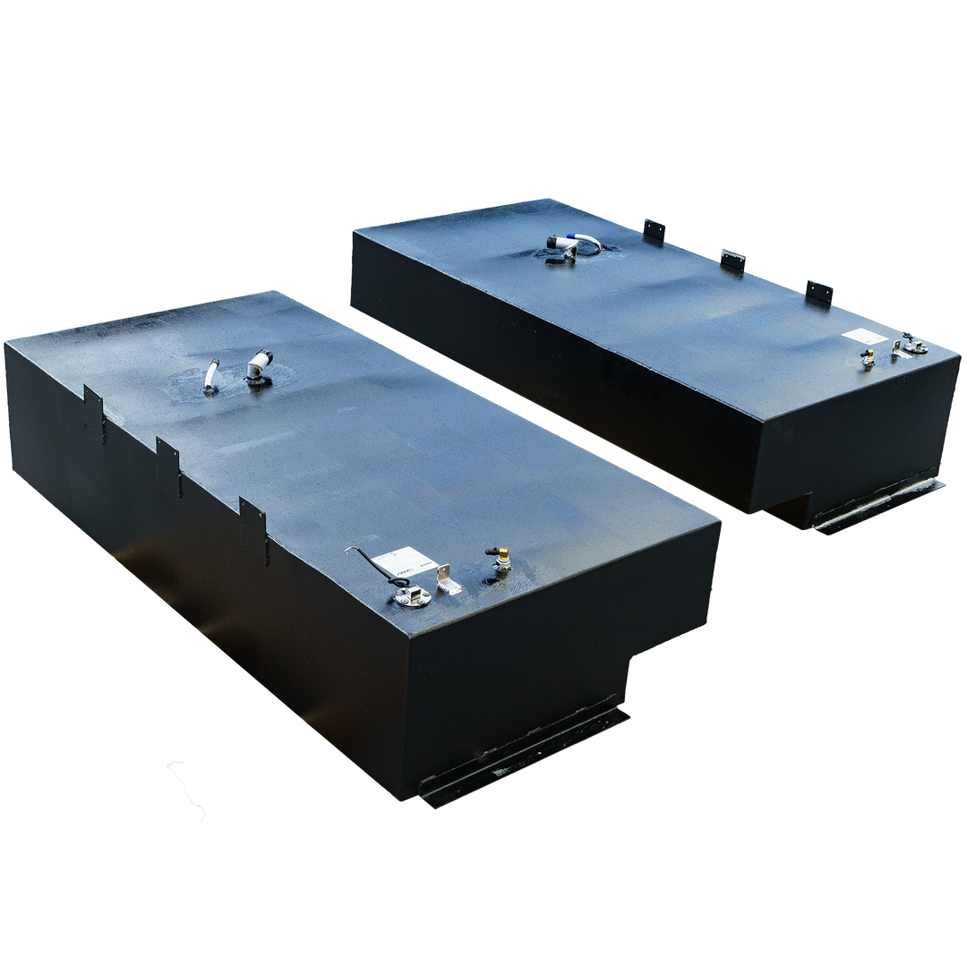 Two rectangular black saddle fuel tanks, each with a recessed lower section and various fittings on top, for a Stamas Tarpon 290 1998 model