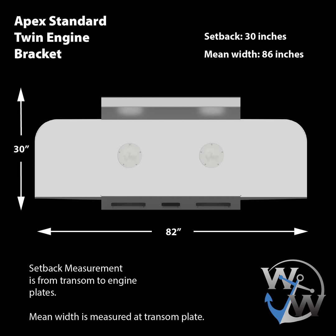 Diagram of the Apex Standard Twin Engine Bracket, featuring a transom angle of -11°. The bracket measures 30 inches in setback and 82 inches in width, with a mean width of 86 inches at the transom plate. The image includes labeled dimensions and a logo in the bottom right corner