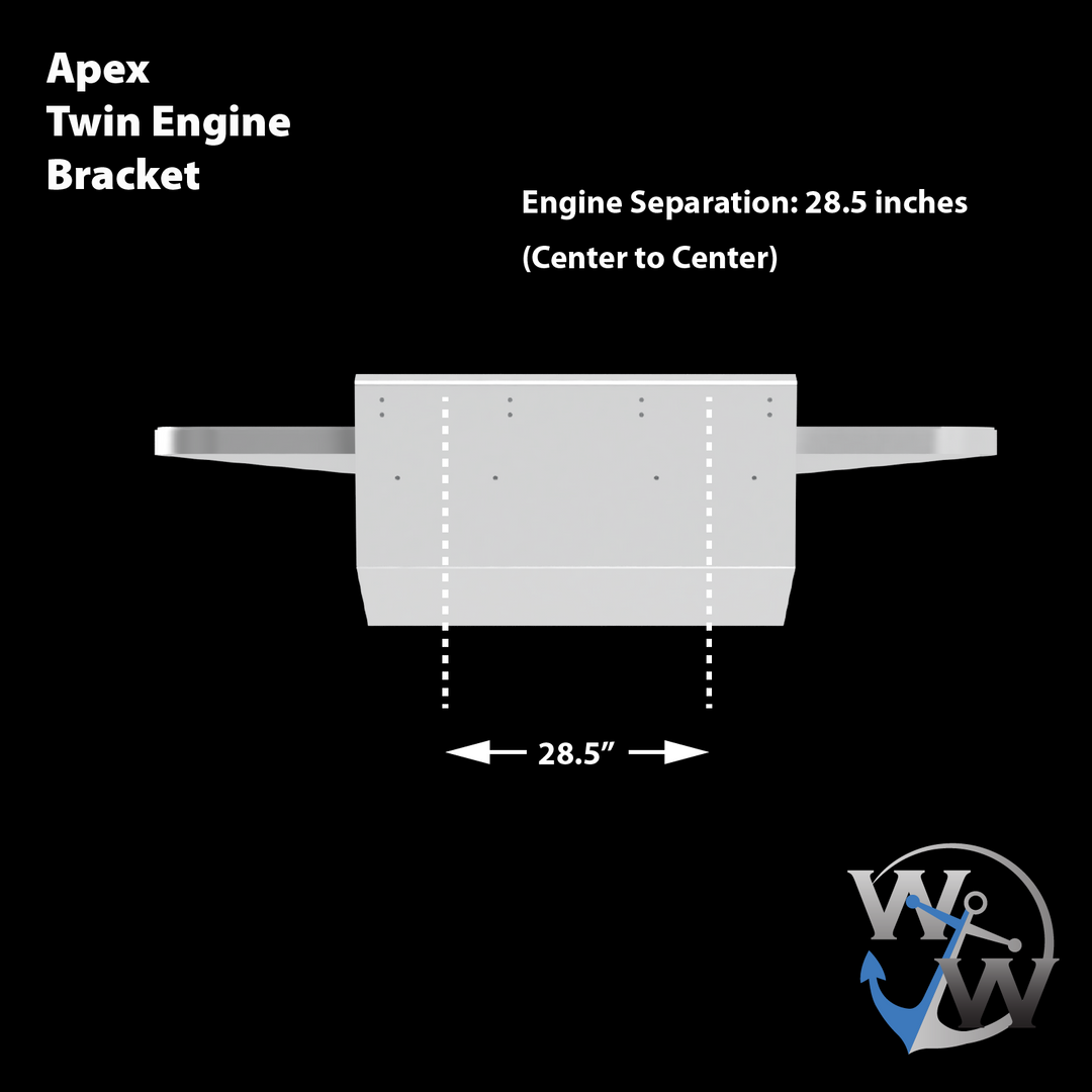  Illustration of the Apex Mk. II Twin Engine Bracket with a -11° transom angle. The bracket features a width of 28.5 inches for engine separation, measured from center to center. The design is shown against a black background