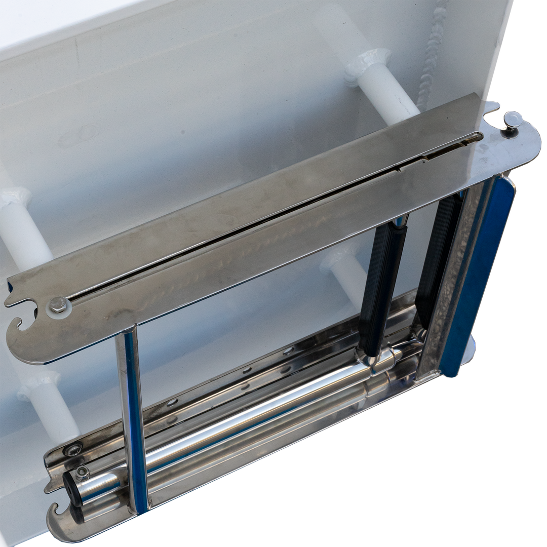Close-up view of a Standard Apex Mk. II Twin Engine Bracket, featuring a -12° transom angle, showcasing its stainless steel construction and adjustable components