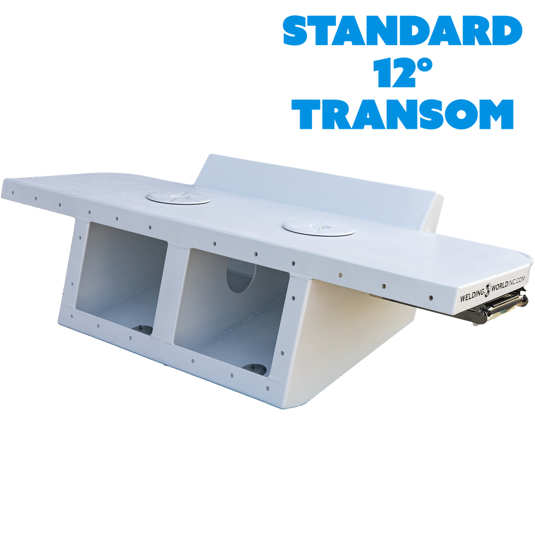 Alt text: "Close-up of a Standard Apex Mk. II Twin Engine Bracket featuring a -12° transom angle, showcasing a brass fitting with white sealing tape attached to a white surface