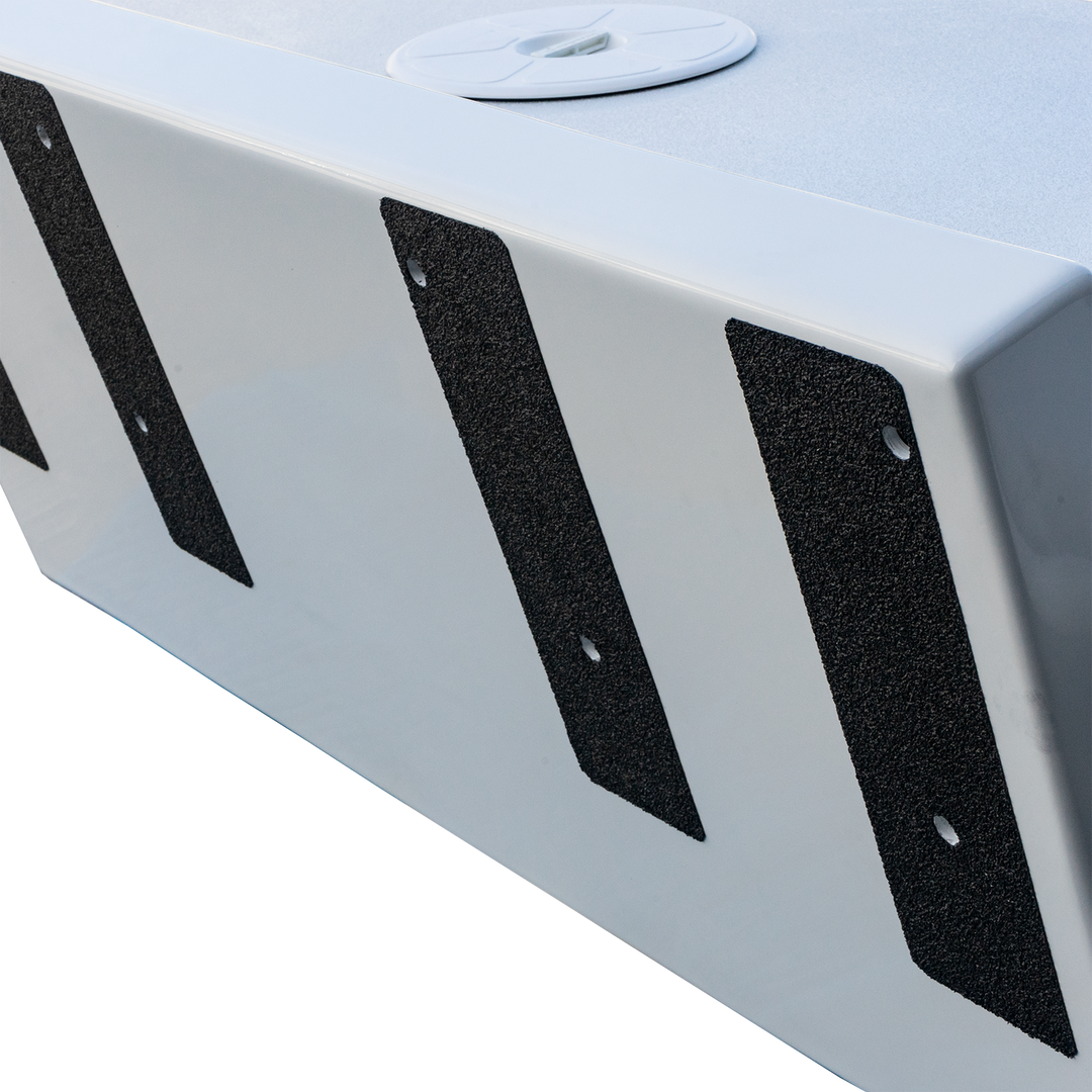 Close-up view of a Standard Apex Mk. II Twin Engine Bracket featuring a -14° transom angle, showcasing the white surface with black mounting pads and holes for installatio
