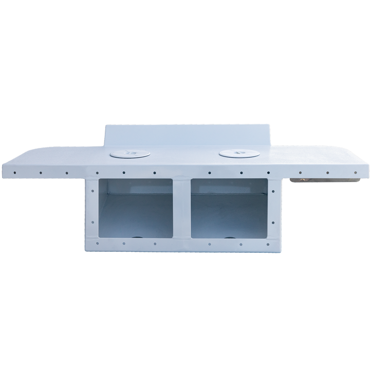 Standard Apex Mk. II Twin Engine Bracket with a -15° transom, featuring a flat surface with two circular cutouts and two open compartments below, all in a white finish