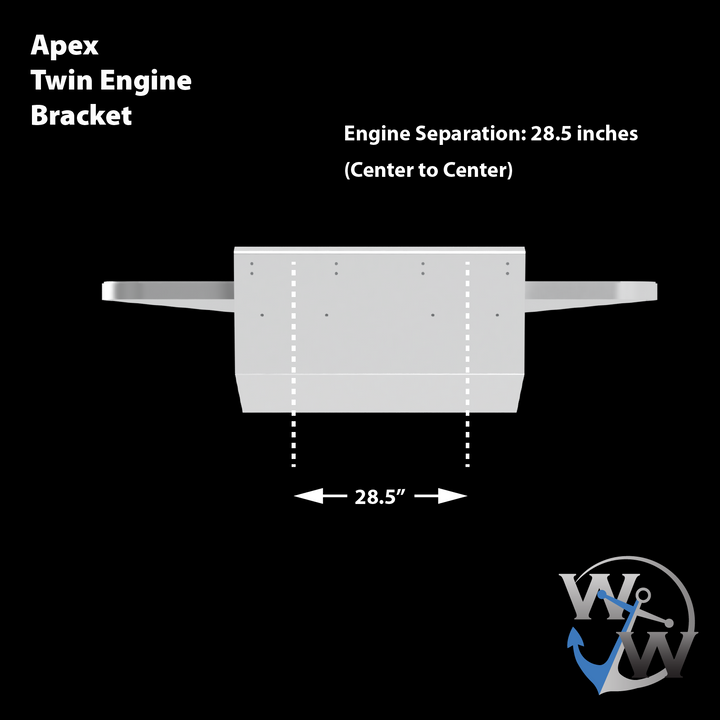 Diagram of the Apex Mk. II Twin Engine Bracket, featuring a flat top view with a transom angle of -15°. The bracket has a width of 28.5 inches between the engine mounts, indicated by dashed lines. The design is labeled "Apex Twin Engine Bracket" at the top, with a logo in the bottom right corner