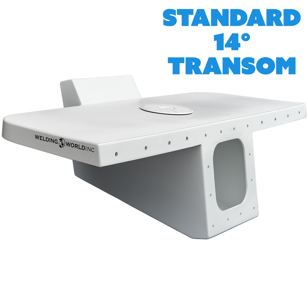 Image of a Standard Apex Single Engine 14° Transom Bracket, featuring a sleek white design with a smooth surface and a cutout for engine mounting, labeled with "Welding World."




