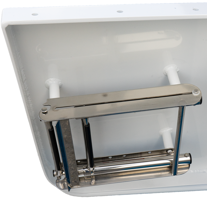 A close-up image of a white boat transom with a standard high flotation single outboard engine bracket mounted at an 11° angle. The bracket is made of metal and is securely attached to the transom, which has a smooth surface with mounting holes. The background is checkered