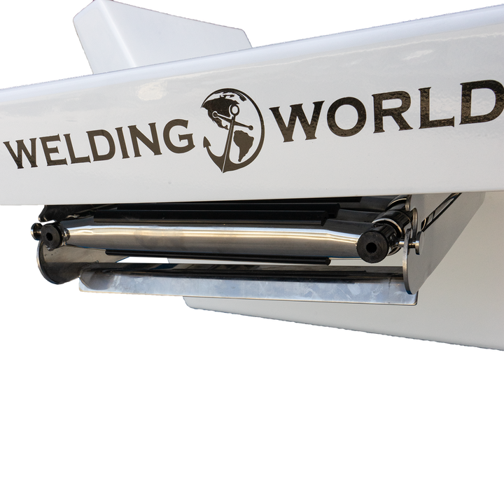 Close-up of a Standard High Flotation Single Outboard Engine Bracket designed for a 12° transom, featuring a polished metal finish and the "Welding World" logo prominently displayed