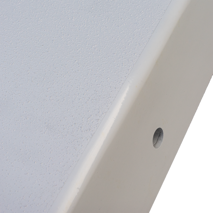 Close-up view of a standard high flotation single outboard engine bracket designed for a 12° transom, showcasing its textured white surface and a mounting hole