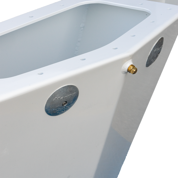 A close-up image of a white boat transom with several circular metal fittings and a brass drain fitting. The transom is angled at 14° and designed to mount a high flotation single outboard engine. The background is transparent