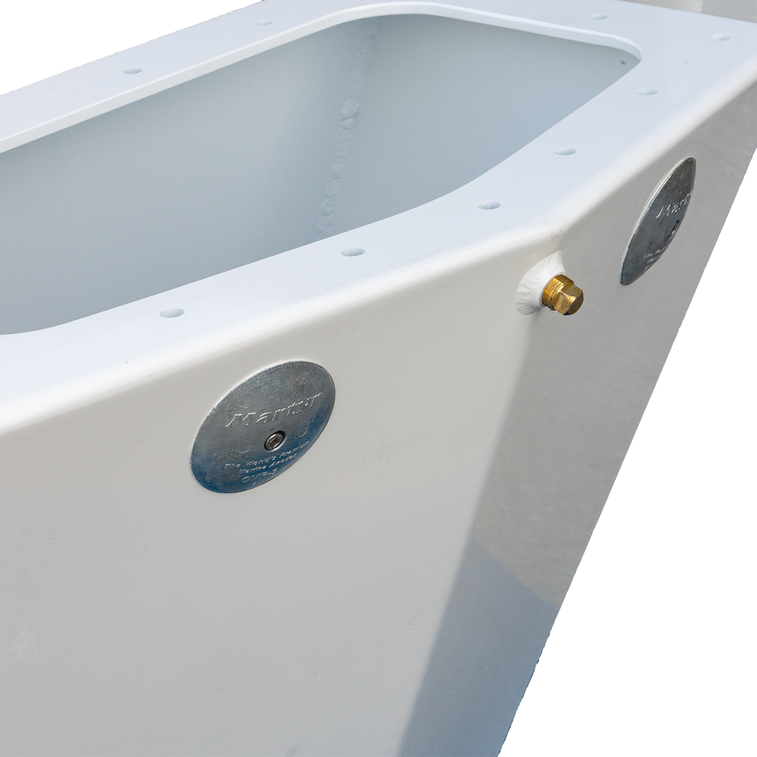 A high flotation single outboard engine bracket designed for a 16° transom, featuring two circular mounting plates and a brass fitting, set against a white background with a transparent area