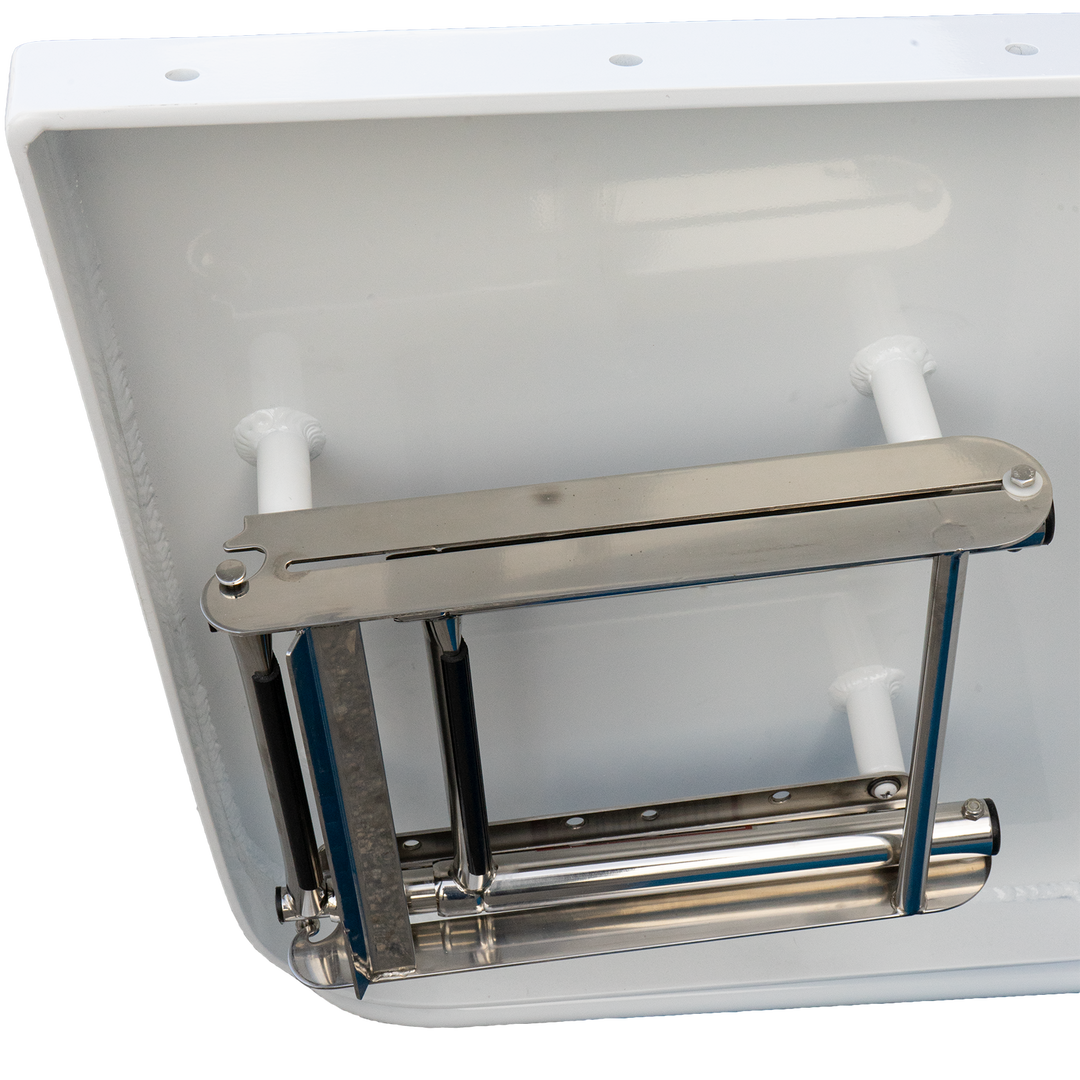 A high flotation single outboard engine bracket designed for a 16° transom, featuring a stainless steel mechanism and white mounting surface
