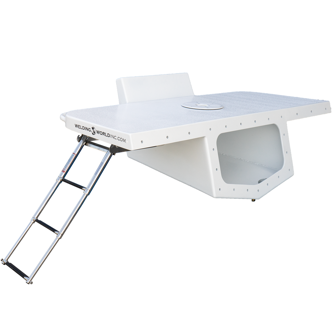 Alt Text: A standard high flotation single outboard engine bracket designed for a 16° transom, featuring a white surface with a circular cutout and a stainless steel ladder attached to the side. The bracket is shown against a transparent background