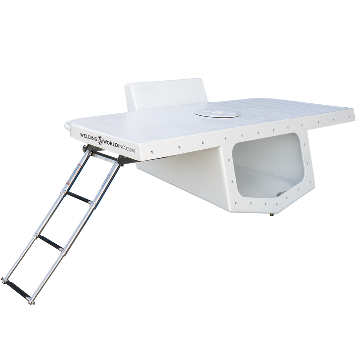 Alt Text: A standard high flotation single outboard engine bracket designed for a 16° transom, featuring a white surface with a circular cutout and a stainless steel ladder attached to the side. The bracket is shown against a transparent background