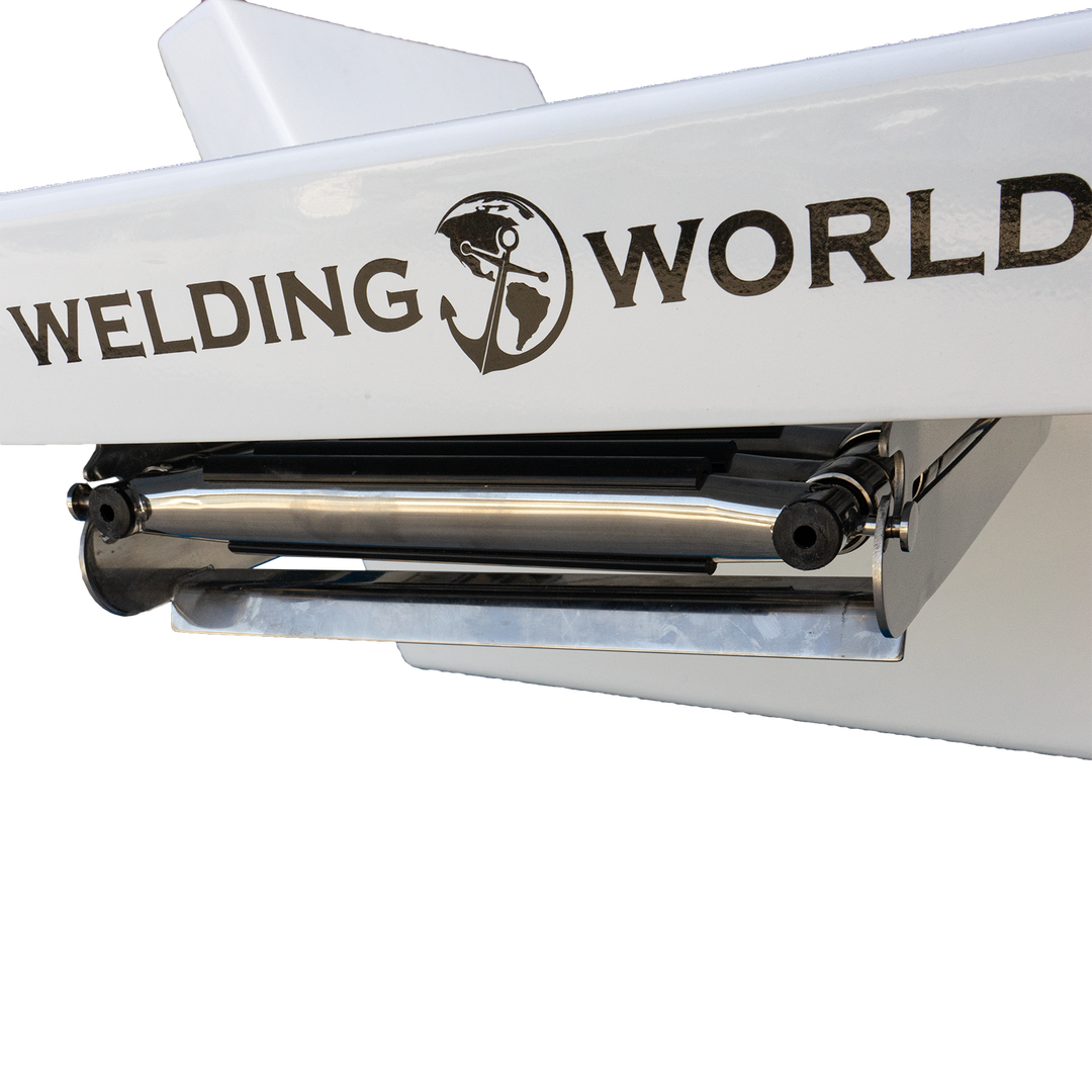 A close-up view of a standard high flotation single outboard engine bracket designed for a 16° transom, featuring a polished stainless steel finish and the logo of "Welding World" prominently displayed