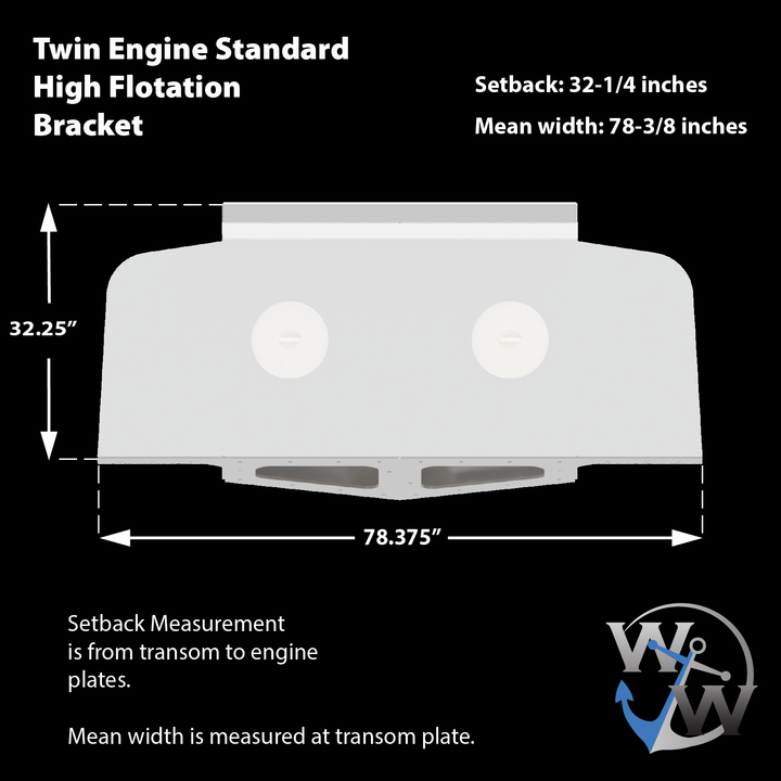Diagram of a Standard High Flotation Twin Outboard Engine Bracket designed for a 12° transom. The bracket measures 32.25 inches in height, with a setback of 32.25 inches from the transom to the engine plates and a mean width of 78.375 inches at the transom plate