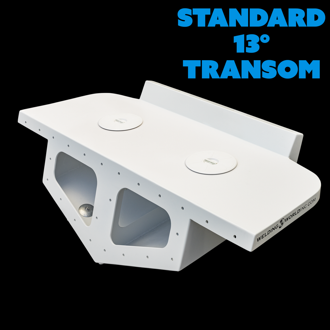 Image of a standard high flotation twin outboard engine bracket designed for a 13° transom, featuring a white finish and cutouts for engine mounting. The text "STANDARD 13° TRANSOM" is prominently displayed above the bracket