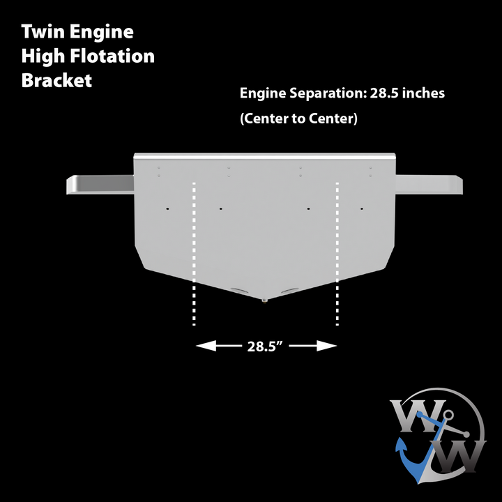 Diagram of a standard high flotation twin outboard engine bracket designed for a 14° transom. The image shows a white bracket with an engine separation of 28.5 inches (center to center), indicated by arrows measuring 28.5 inches at the bottom