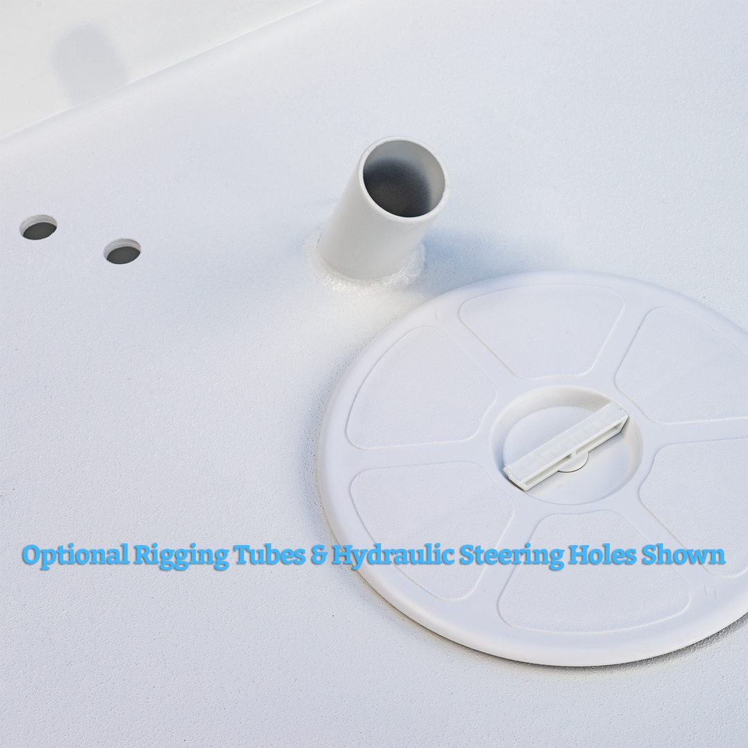 A close-up view of a standard high flotation twin outboard engine bracket designed for a 16° transom, featuring optional rigging tubes and hydraulic steering holes. The image shows a white surface with a circular access plate and a cylindrical tube protruding from it
