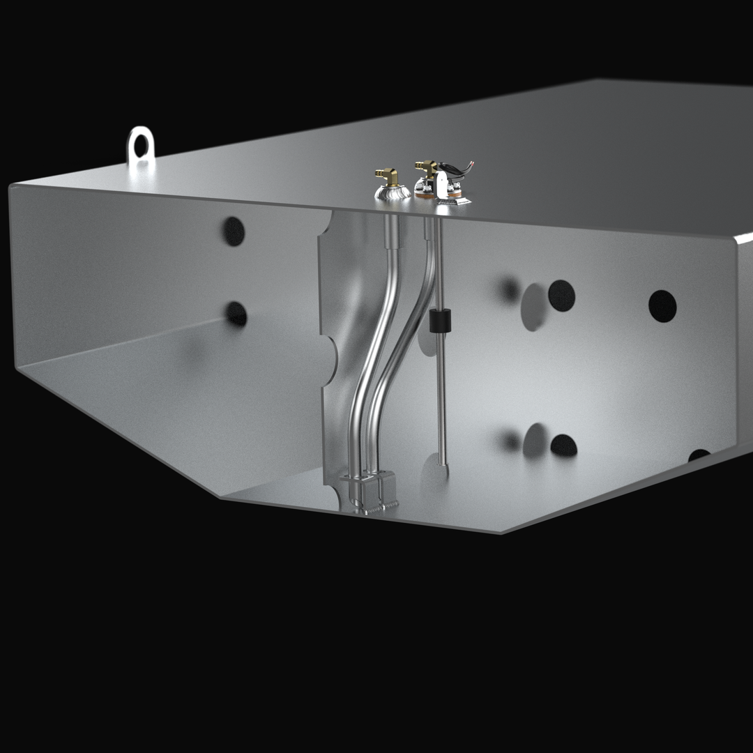 A technical cross-section 3D rendering of a deep tapered marine aluminum fuel tank cutaway view, detailing the internal plumbing and sending unit architecture. The image focuses on the inner chamber of a V-bottom hull-conforming fuel cell fabricated from raw marine-grade 5052-H32 aluminum, highlighting internal baffles with circular flow-through holes. The internal assembly details a two-port bank of aluminum pickup tubes extending to bottom-mounted anti-slosh foot brackets, which connect directly to top-de