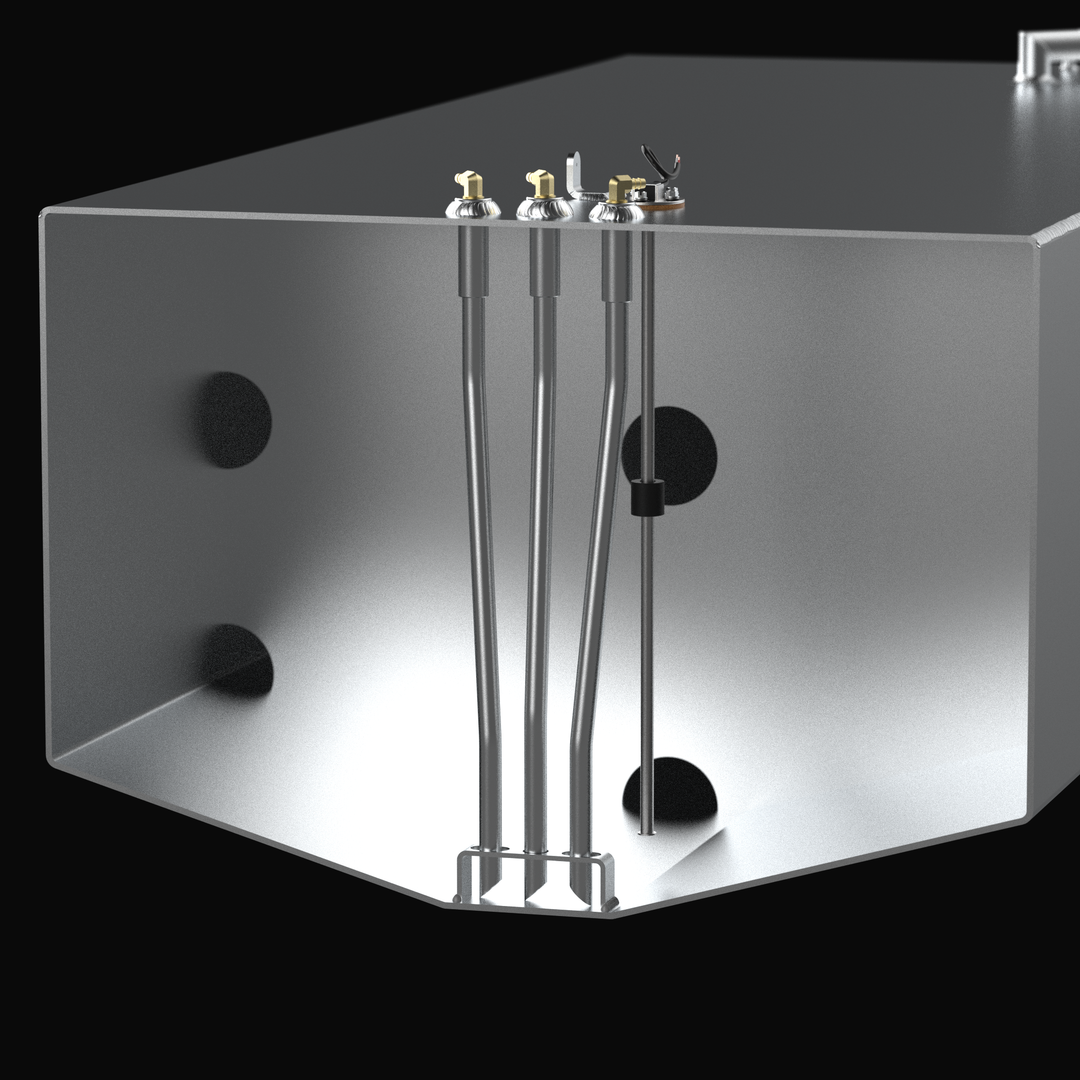 A technical cross-section 3D rendering of a deep tapered marine aluminum fuel tank cutaway view, detailing the internal plumbing and sending unit architecture. The image focuses on the inner chamber of a V-bottom hull-conforming fuel cell fabricated from raw marine-grade 5052-H32 aluminum, highlighting internal baffles with circular flow-through holes. The internal assembly details a three-port bank of aluminum pickup tubes extending to bottom-mounted anti-slosh foot brackets, which connect directly to top-