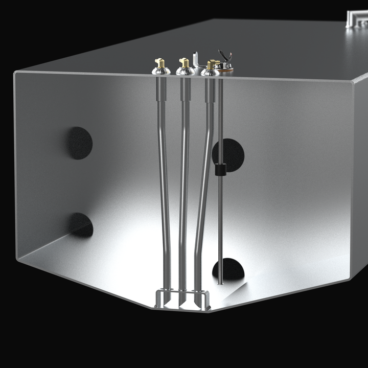 A technical cross-section 3D rendering of a deep tapered marine aluminum fuel tank cutaway view, detailing the internal plumbing and sending unit architecture. The image focuses on the inner chamber of a V-bottom hull-conforming fuel cell fabricated from raw marine-grade 5052-H32 aluminum, highlighting internal baffles with circular flow-through holes. The internal assembly details a three-port bank of aluminum pickup tubes extending to bottom-mounted anti-slosh foot brackets, which connect directly to top-
