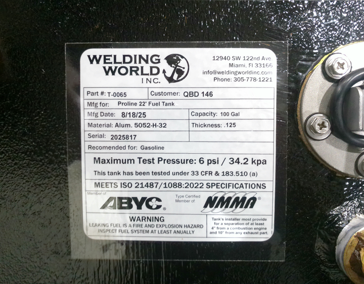 Welding World Inc. label on a fuel tank with specifications and branding.