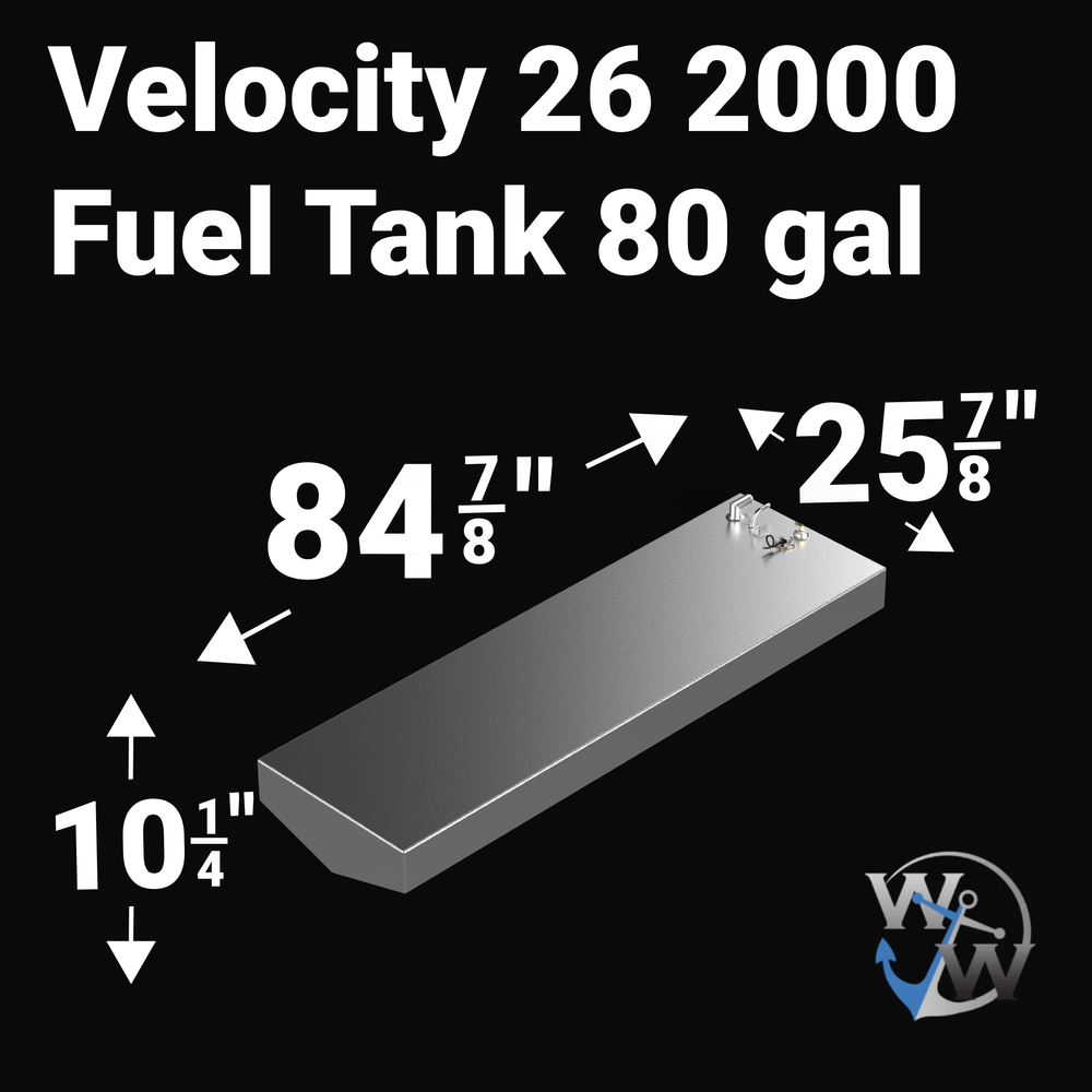 Dimensional technical diagram for a Velocity 26 (2000) replacement fuel tank with an 80-gallon capacity. The graphic highlights precise measurements of 84 7/8" length, 25 7/8" width, and 10 1/4" height, featuring a specialized V-shaped hull-conforming bottom. Fabricated from marine-grade aluminum, this OEM replacement ensures a guaranteed 100% drop-in fit for high-performance marine restorations.