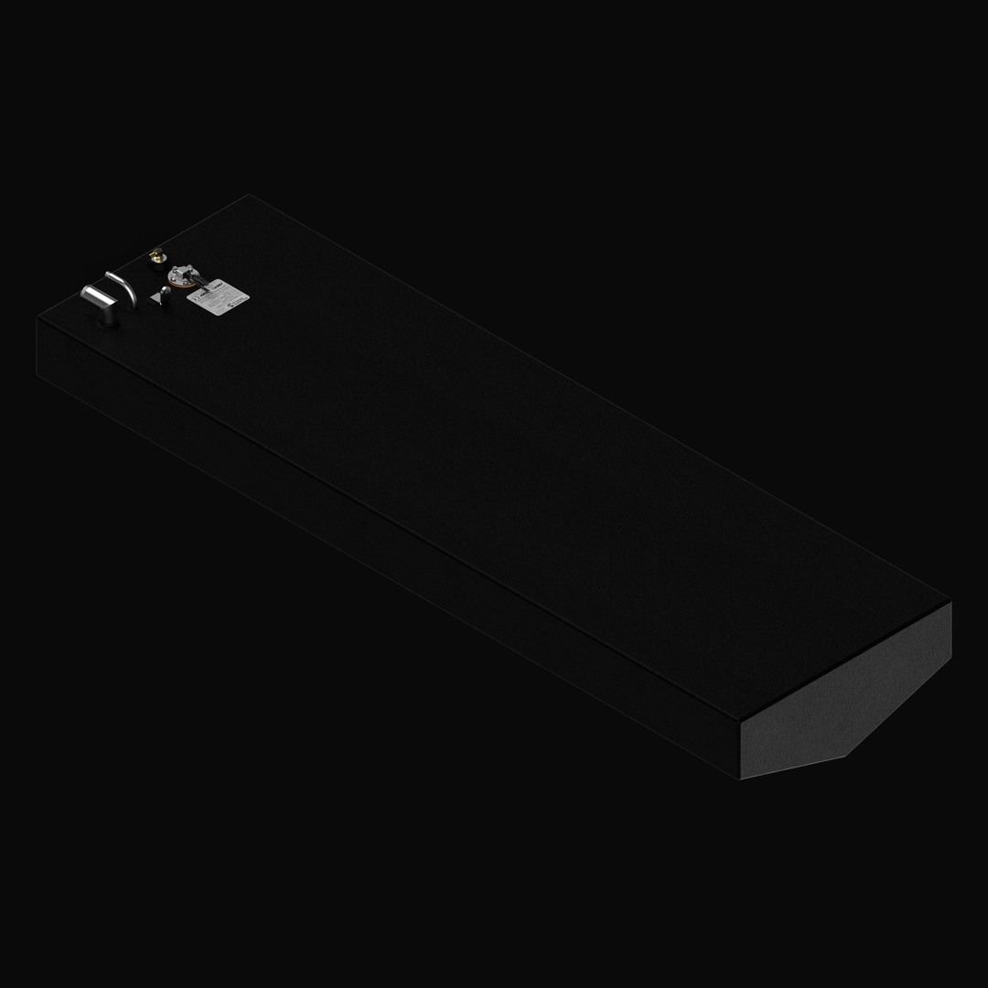 A full-length perspective view of the Velocity 26 (2000) 80-gallon replacement fuel tank, featuring a professional black TarGard epoxy finish. This marine-grade 5052-H32 aluminum tank is shown with its specialized tapered hull-conforming bottom, precision-welded 316 stainless steel fill and vent tubes, and integrated KUS fuel sending unit. Engineered for a guaranteed 100% drop-in fit for high-performance offshore marine applications.