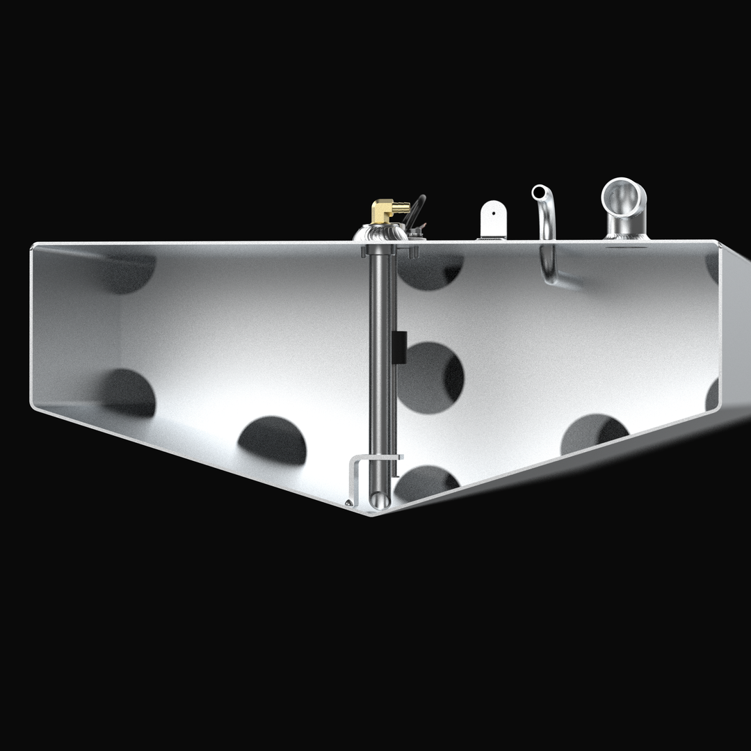 Internal cutaway view of a Velocity 26 replacement fuel tank showcasing the heavy-duty internal baffle system and anti-siphon pickup tube. The image highlights the precision TIG welding on .190" marine-grade aluminum and the specialized V-shape bottom designed for a guaranteed 100% drop-in fit. These baffles are engineered to reduce fuel slosh and maintain vessel stability during high-speed performance maneuvers.