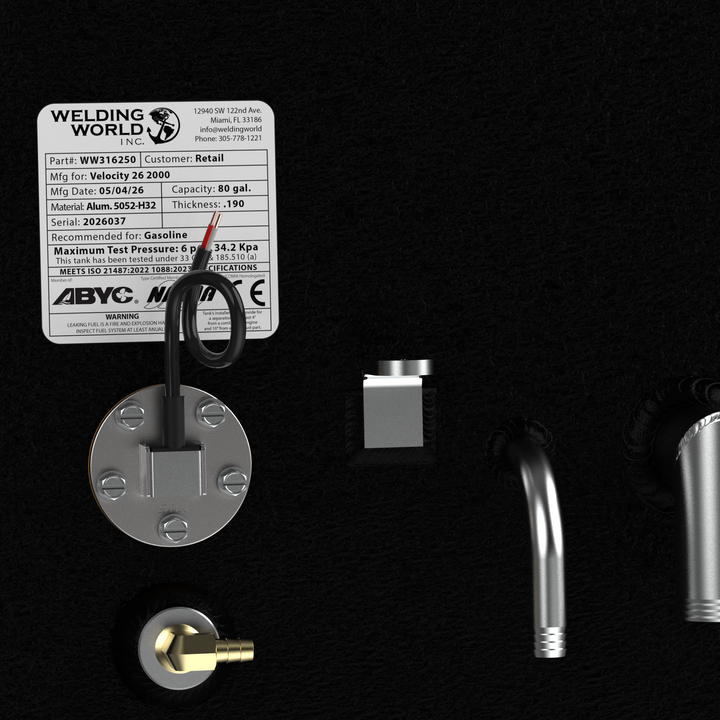 Close-up detail of the official Welding World Inc. manufacturing label and KUS fuel sending unit on an 80-gallon Velocity 26 replacement fuel tank. The label verifies technical specifications including .190" thickness 5052-H32 marine-grade aluminum construction and compliance with ABYC, NMMA, and CE standards. Finished in protective black TarGard epoxy, this tank features precision-welded stainless steel and brass fittings for a guaranteed 100% drop-in fit.