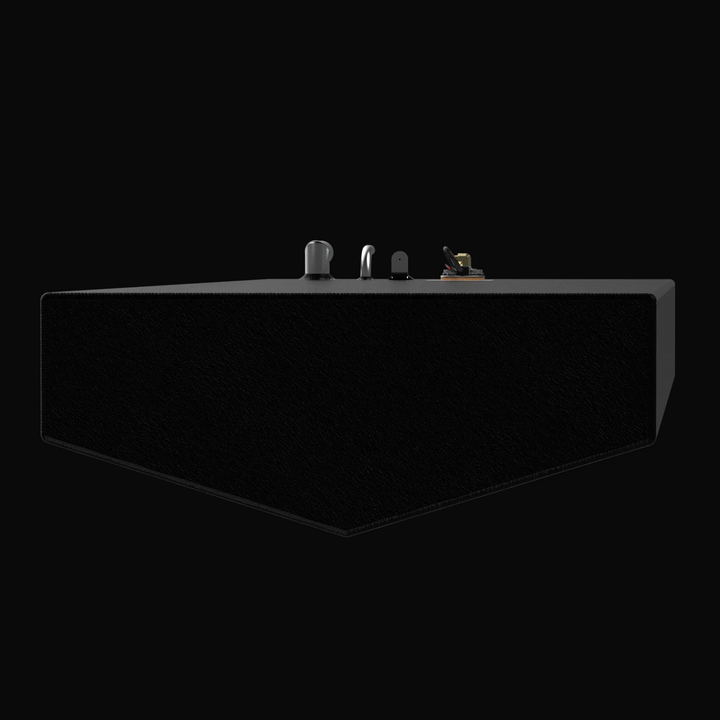 A front perspective view of the Velocity 26 (2000) replacement fuel tank, highlighting the specialized V-shaped hull-conforming profile. Coated in a rugged black Sherwin-Williams TarGard epoxy, this 80-gallon marine fuel tank is fabricated from heavy-duty .190" aluminum. The image shows the top-mounted 316 stainless steel fill and vent tubes, engineered for a guaranteed 100% drop-in fit and maximum corrosion resistance in offshore environments.