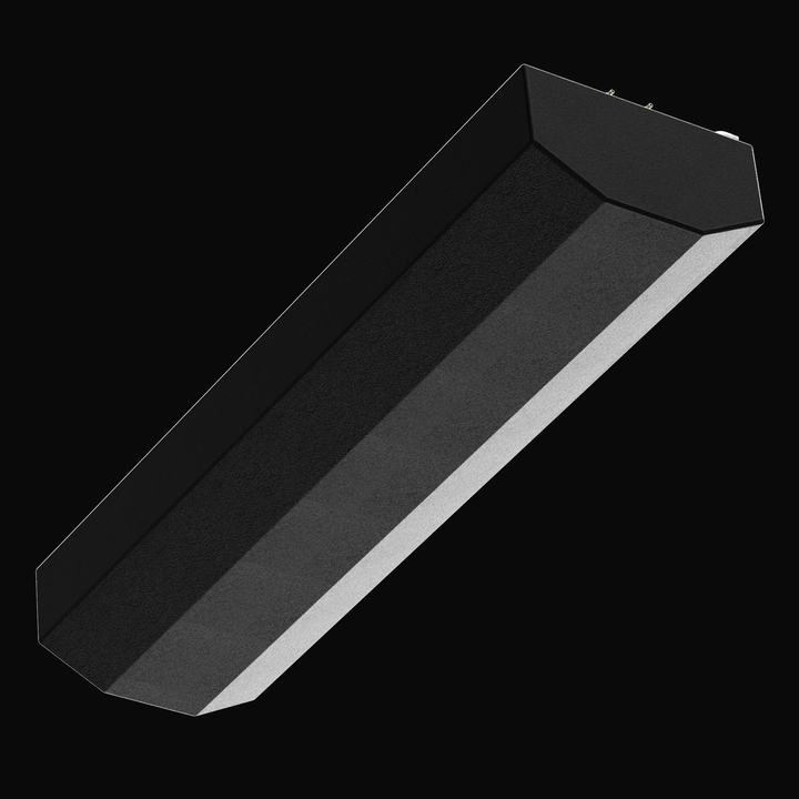 A dramatic low-angle worm's-eye view rendering focused on the multi-angled hull-conforming underside of a Warlock 29 93-gallon OEM replacement marine fuel tank. This perspective highlights the long, narrow, shallow V-bottom tapered configuration engineered by Welding World to lock perfectly into the vessel's factory stringer pocket. The tank body is masterfully fabricated from heavy-gauge marine-grade 5052-H32 aluminum and fully sealed in a protective, textured black TarGard epoxy coating that eliminates sa