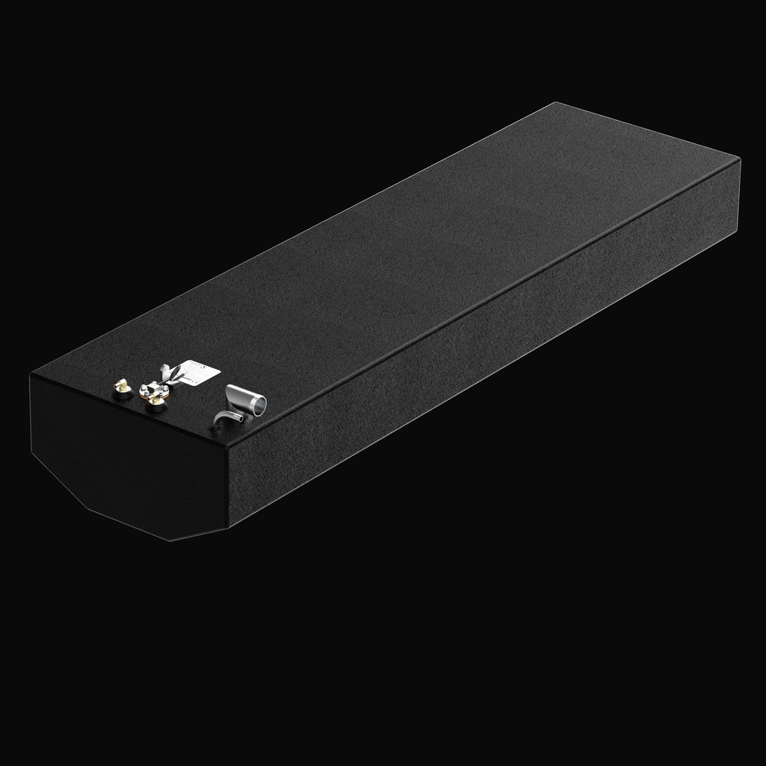A three-quarter high-angle isometric perspective rendering of a black narrow, elongated single-tank unit, showcasing a Warlock 29 OEM replacement marine fuel tank. This high-performance 93-gallon fuel cell features a shallow V-hull tapered bottom configuration precisely engineered by Welding World to match the vessel's high-speed hull pocket cavity. Masterfully constructed from heavy-gauge marine-grade 5052-H32 aluminum, the tank is completely encapsulated in a textured, anti-corrosive black TarGard epoxy c