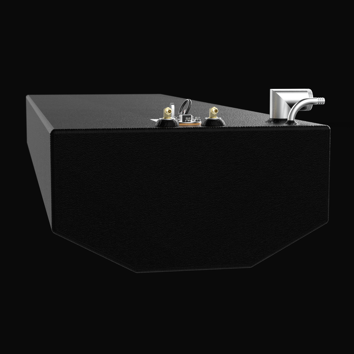 A low-angle end perspective view of an elongated black single-tank unit, emphasizing the shallow hull-conforming underside profile of a Warlock 29 OEM replacement marine fuel tank. The technical profile highlights a narrow, shallow V-bottom tapered configuration engineered by Welding World to sit perfectly within the boat's original factory hull cavity layout. Masterfully constructed from heavy-gauge marine-grade 5052-H32 aluminum, the fuel cell is completely sealed in an anti-corrosive, textured black TarG