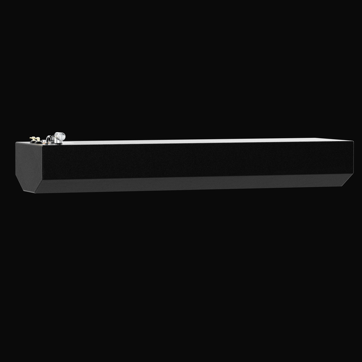 A straight-on side elevation profile view of an elongated, narrow black single-tank unit, detailing the shallow hull-conforming underside design for a Warlock 29 OEM replacement marine fuel tank. The technical profile highlights a narrow, shallow V-bottom tapered configuration engineered by Welding World to sit perfectly within the boat's high-speed factory hull cavity layout. Masterfully constructed from heavy-gauge marine-grade 5052-H32 aluminum, the fuel cell is completely sealed in an anti-corrosive, te