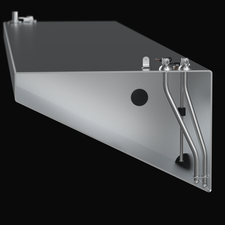 A technical cross-section 3D rendering of a wedge-shaped marine aluminum fuel tank cutaway view, detailing the internal plumbing and sending unit architecture for an outboard saddle pocket design. The image focuses on the inner chamber of an angled-bottom wing fuel cell fabricated from raw marine-grade 5052-H32 aluminum, highlighting a structural internal baffle plate with a circular flow-through hole. The internal assembly details twin aluminum pickup tubes extending down to bottom-mounted anti-slosh foot 