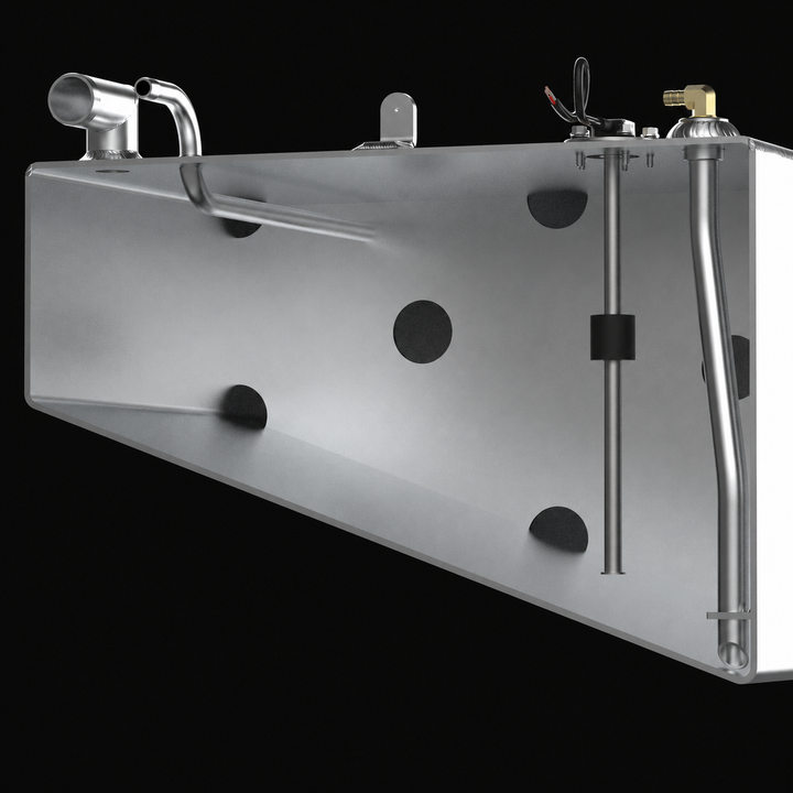 A technical cross-section 3D rendering of a wedge-shaped marine aluminum fuel tank cutaway view, detailing the internal plumbing and structural architecture for an outboard saddle cavity design. The image focuses on the inner chamber of an angled-bottom wing fuel cell fabricated from raw marine-grade 5052-H32 aluminum, highlighting a structural internal baffle plate engineered with multiple circular flow-through holes for anti-slosh fuel stability. The internal assembly details an aluminum pickup tube exten