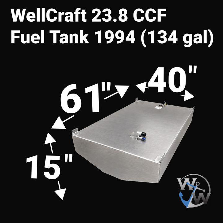 A studio product diagram displaying exact dimension specifications for a 3D digital CAD model rendering of an unencapsulated bare aluminum WellCraft 23.8 CCF 1994 OEM replacement marine fuel tank (134 gal) from file image_5c84c9.jpg, isolated against a black background. The isometric view shows the V-hull contoured profile with bold white measurement arrows indicating key overall dimensions: 61 inches in length, 40 inches in width, and 15 inches in total height. Top deck hardware configuration includes weld