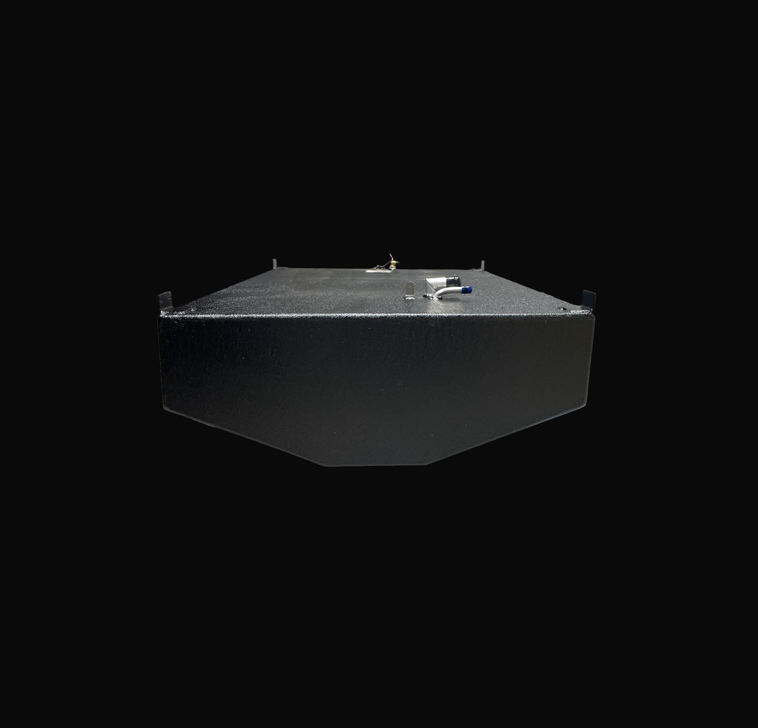 A studio head-on front perspective view displaying the V-hull bottom contour of a physical, finished black encapsulated WellCraft 23.8 CCF 1994 OEM replacement marine fuel tank (137 gal) from file image_5c81dc.png, isolated against a black background. Precision-fabricated from heavy-gauge marine-grade 5052-H32 aluminum, the low-profile hull-conformed body is fully encapsulated in a protective, textured black TarGard epoxy coating to resist severe saltwater pitting and bilge moisture decay. Deck hardware vis