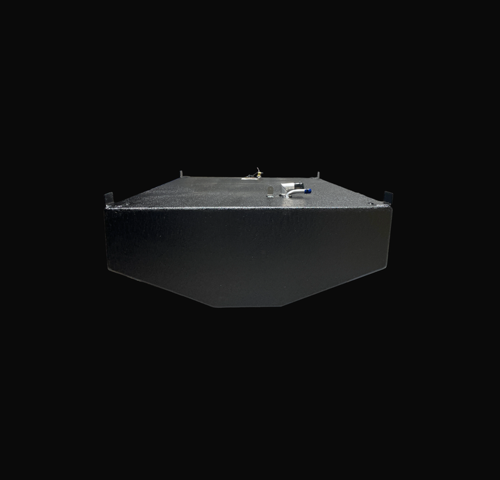 A studio head-on front perspective view displaying the V-hull bottom contour of a physical, finished black encapsulated WellCraft 23.8 CCF 1994 OEM replacement marine fuel tank (137 gal) from file image_5c81dc.png, isolated against a black background. Precision-fabricated from heavy-gauge marine-grade 5052-H32 aluminum, the low-profile hull-conformed body is fully encapsulated in a protective, textured black TarGard epoxy coating to resist severe saltwater pitting and bilge moisture decay. Deck hardware vis
