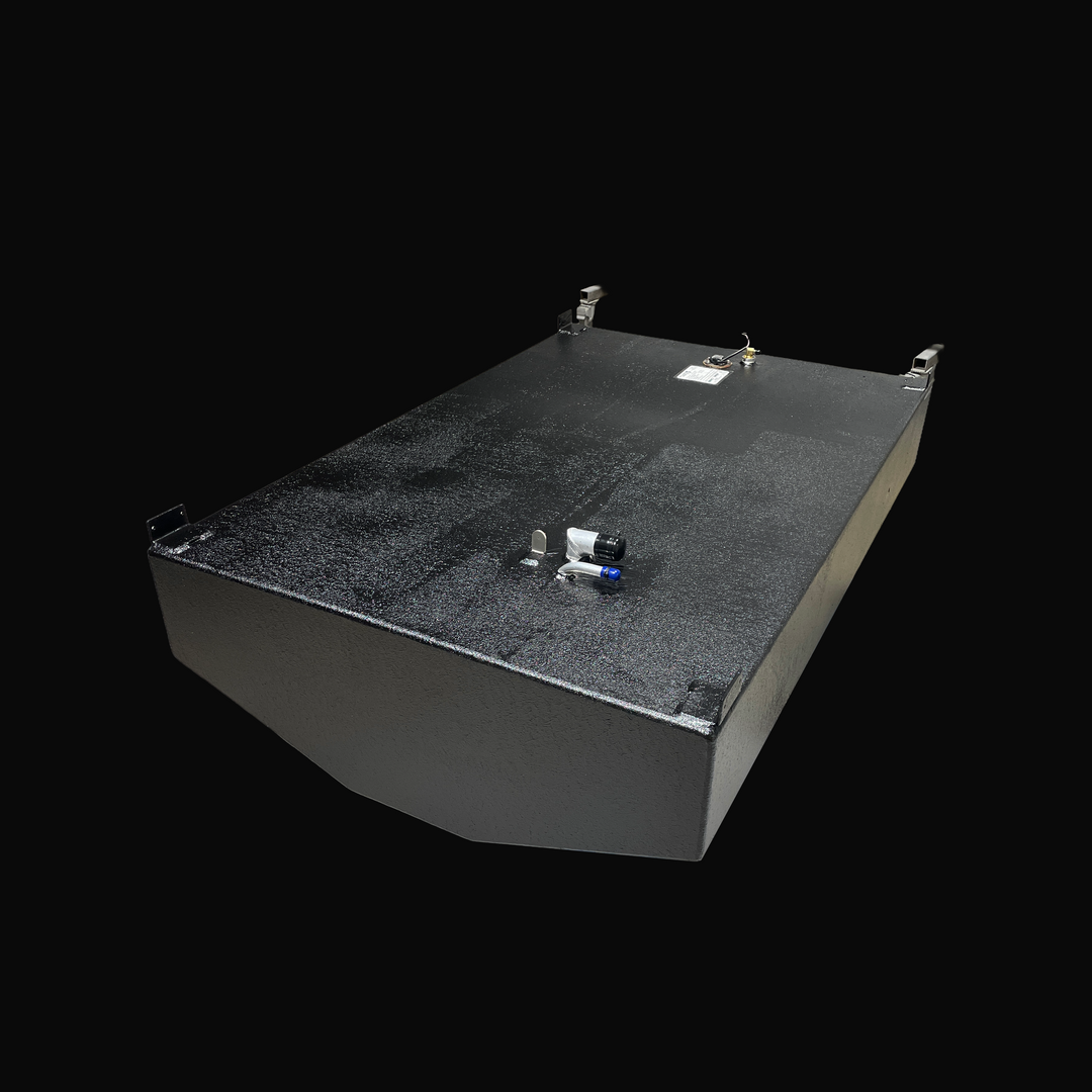 A studio high-angle isometric view displaying the full body of a physical, finished black encapsulated WellCraft 23.8 CCF 1994 OEM replacement marine fuel tank (137 gal) from file image_5c8542.jpg, isolated against a black background. Precision-fabricated from heavy-gauge marine-grade 5052-H32 aluminum, the deep V-hull contoured body is fully encapsulated in a protective, textured black TarGard epoxy coating to resist severe saltwater pitting and bilge moisture decay. Top deck hardware includes heavy-gauge 