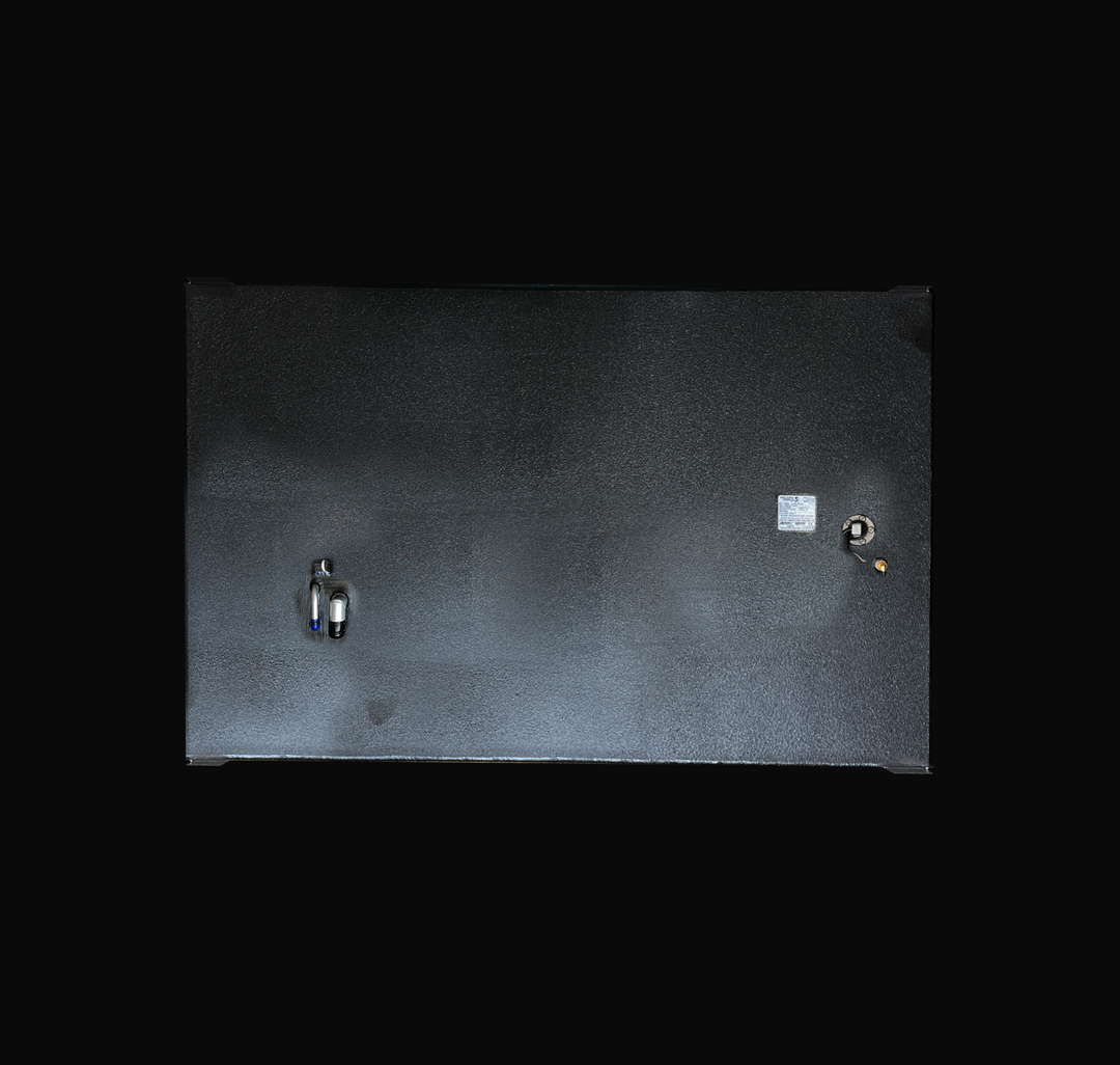 A studio top-down plan view displaying the clean deck layout of a physical, finished black encapsulated WellCraft 23.8 CCF 1994 OEM replacement marine fuel tank (137 gal) from file image_5c7d42.jpg, isolated against a black background. Precision-fabricated from heavy-gauge marine-grade 5052-H32 aluminum, the rectangular top deck is fully encapsulated in a protective, textured black TarGard epoxy coating to resist severe saltwater pitting and bilge moisture decay. Hardware arrangement highlights left-side fi