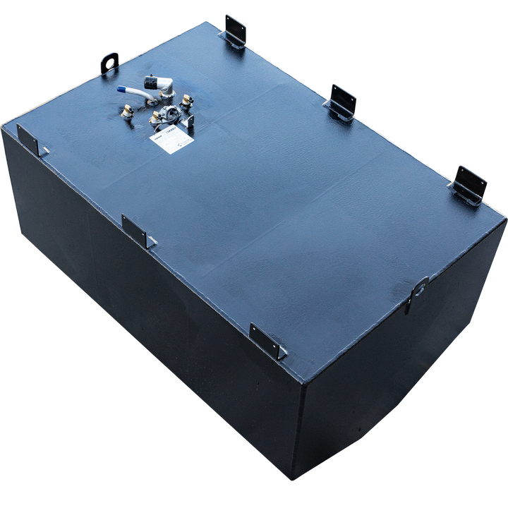 A black, rectangular fuel tank with a textured finish and a checkered background, viewed from an elevated angle. The tank has multiple fittings and a label on its top surface, along with several L-shaped brackets and a D-ring at the corners for securing it