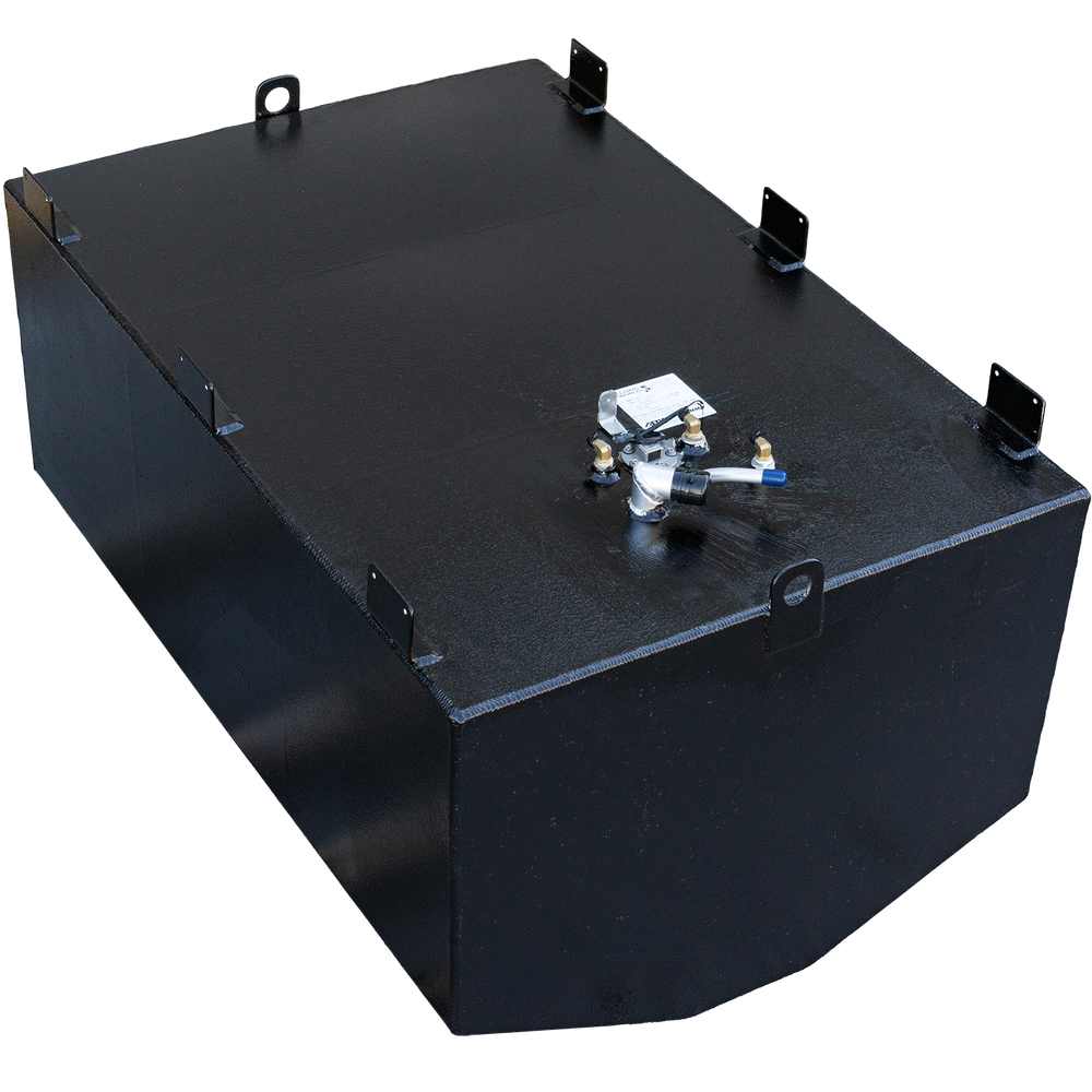 Wellcraft Coastal 270 (188 gal. gross) 2000 ~ 2006 OEM Replacement Fuel Tank. The image shows a dark, rectangular fuel tank with an angled bottom, against a black and grey checkered background. Various fittings and pipes are visible on the top surface, along with black L-shaped brackets and D-rings
